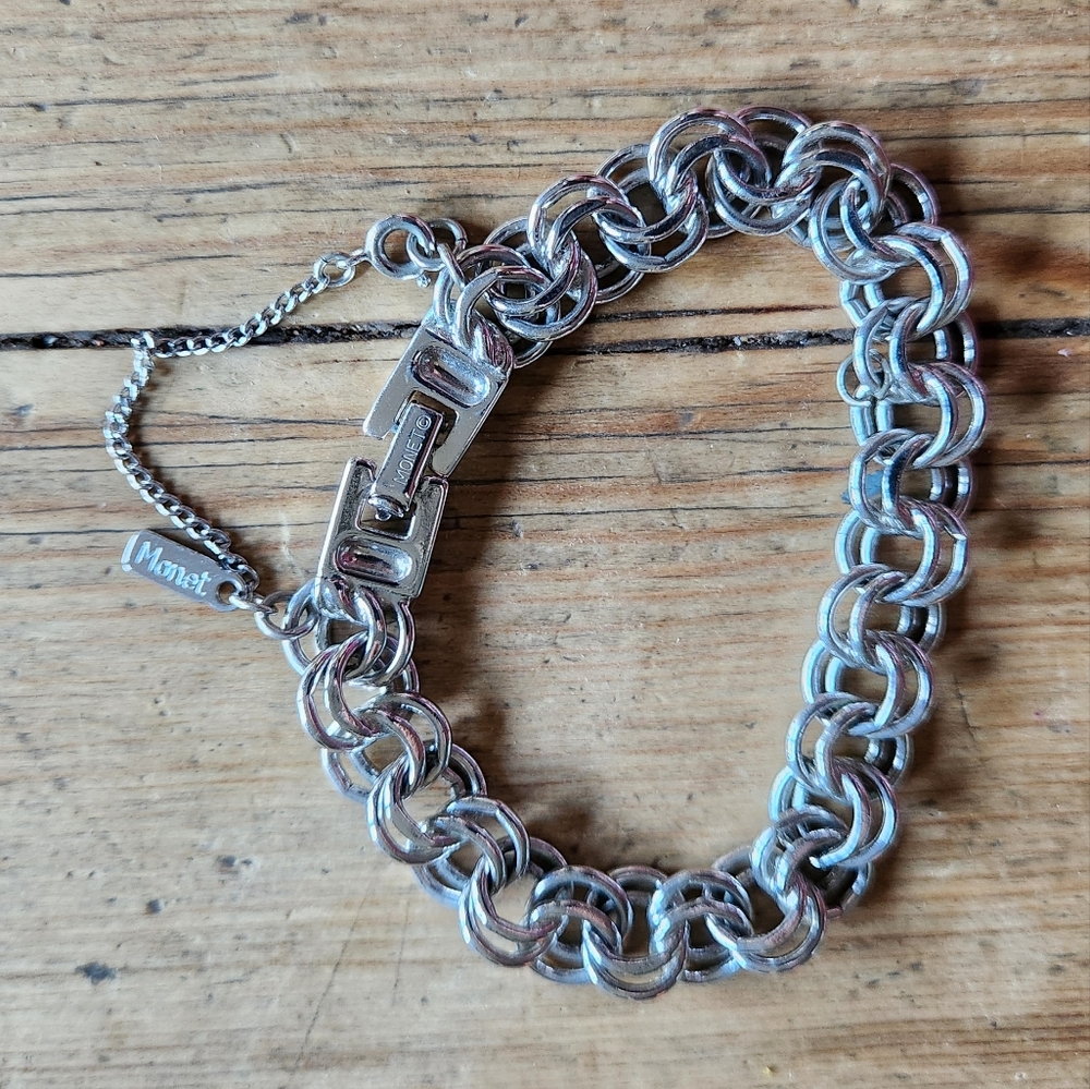 MONET heavy charm bracelet silvertone chunky double curb link bracelet 70's